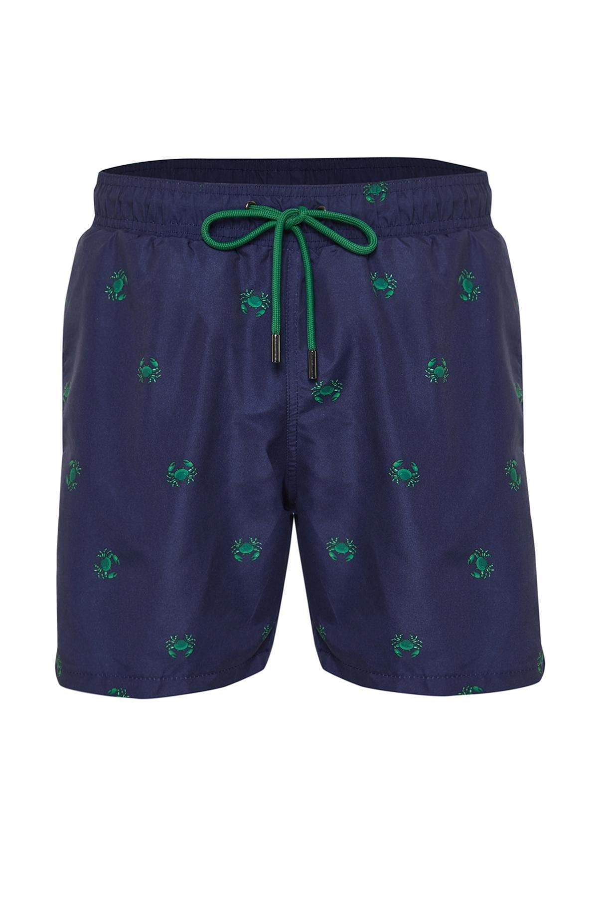 Navy Blue Standard Fit Crab Patterned Swim Shorts TMNSS24DS00006, single, , medium
