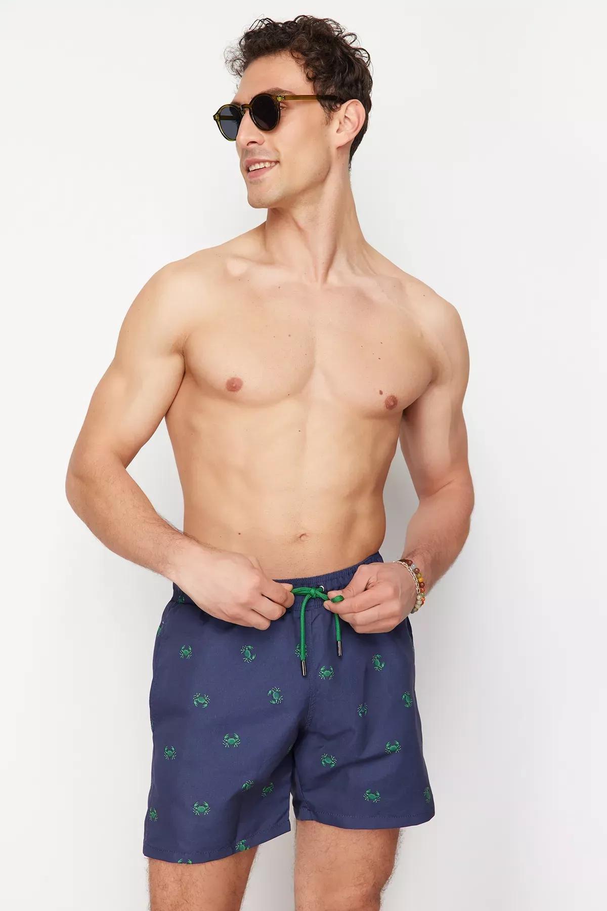 Navy Patterned Swimming Shorts, DARK BLUE, large image number 1