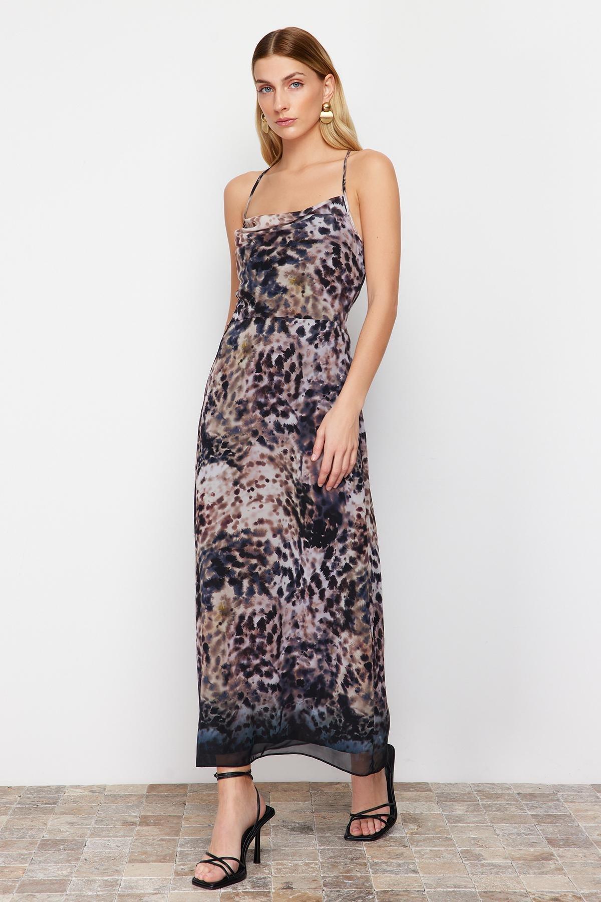 Limited Brown Animal Patterned Chiffon Lined Maxi Woven Dress TWOSS24EL00552, , large image number 4