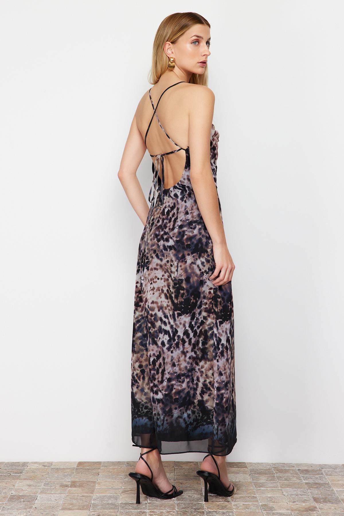 Limited Brown Animal Patterned Chiffon Lined Maxi Woven Dress TWOSS24EL00552, , large image number 6