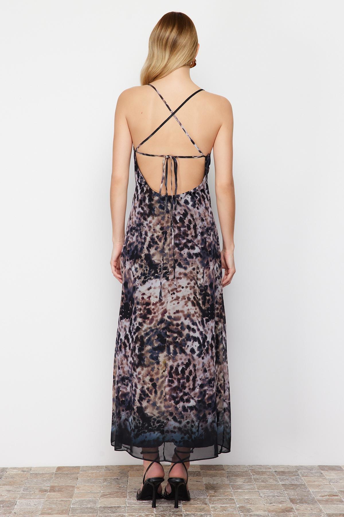 Limited Brown Animal Patterned Chiffon Lined Maxi Woven Dress TWOSS24EL00552, , large image number 7