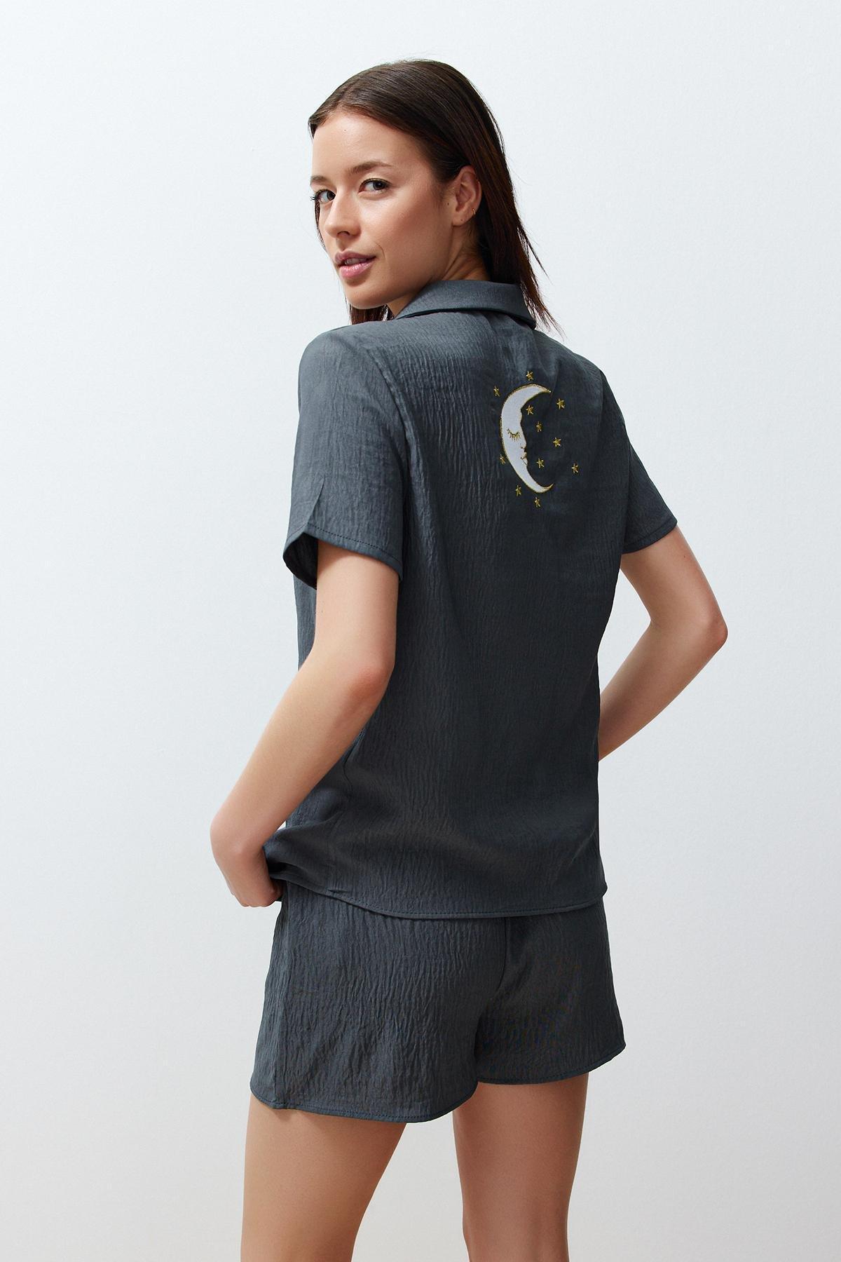 Anthracite Back Star and Moon Printed Satin Woven Pajamas Set, , large image number 0