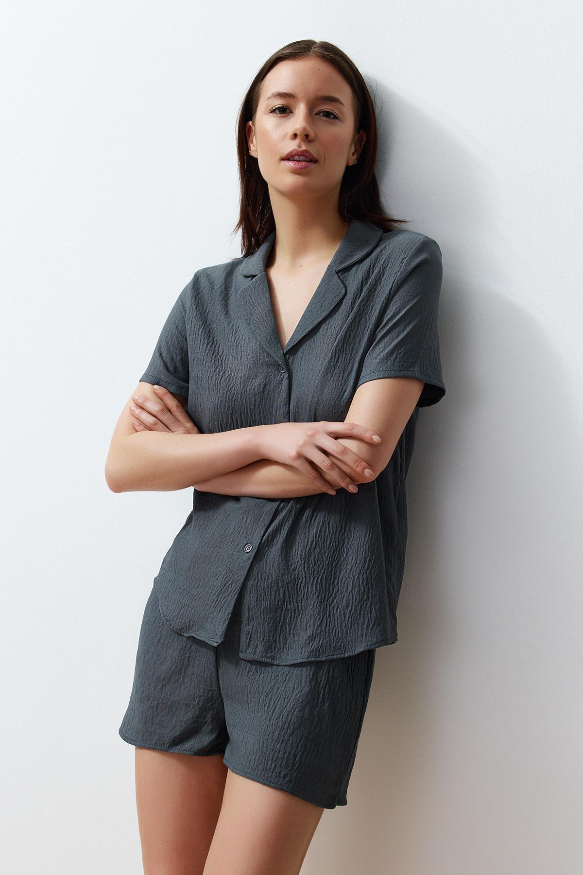 Anthracite Back Star and Moon Printed Satin Woven Pajamas Set, , large image number 1