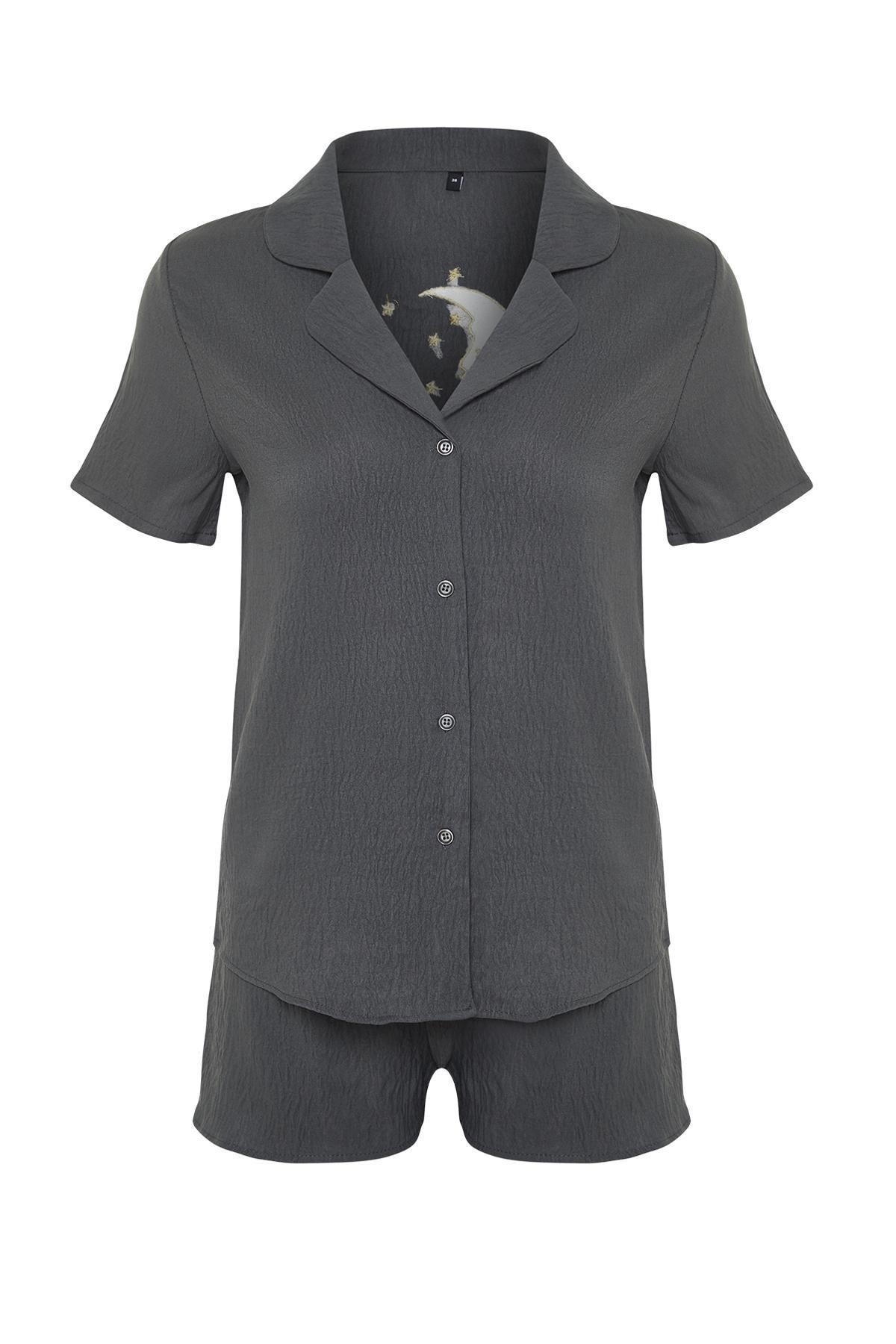 Anthracite Back Star and Moon Printed Satin Woven Pajamas Set, , large image number 4