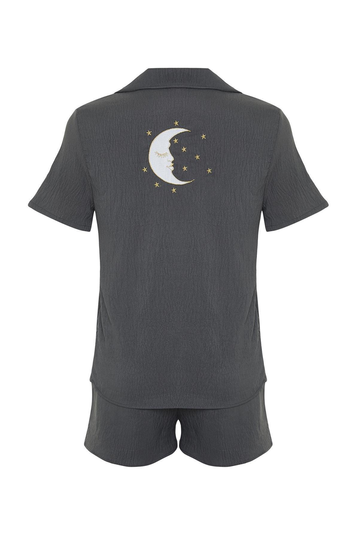 Anthracite Back Star and Moon Printed Satin Woven Pajamas Set, , large image number 5