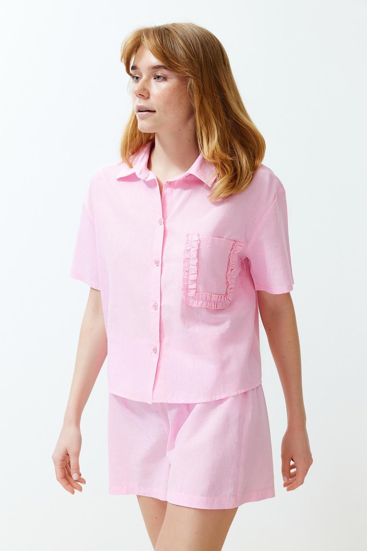 Pink 100% Cotton Pocket Ruffle Detailed Woven Pajama Set THMSS24PT00150, , large image number 0