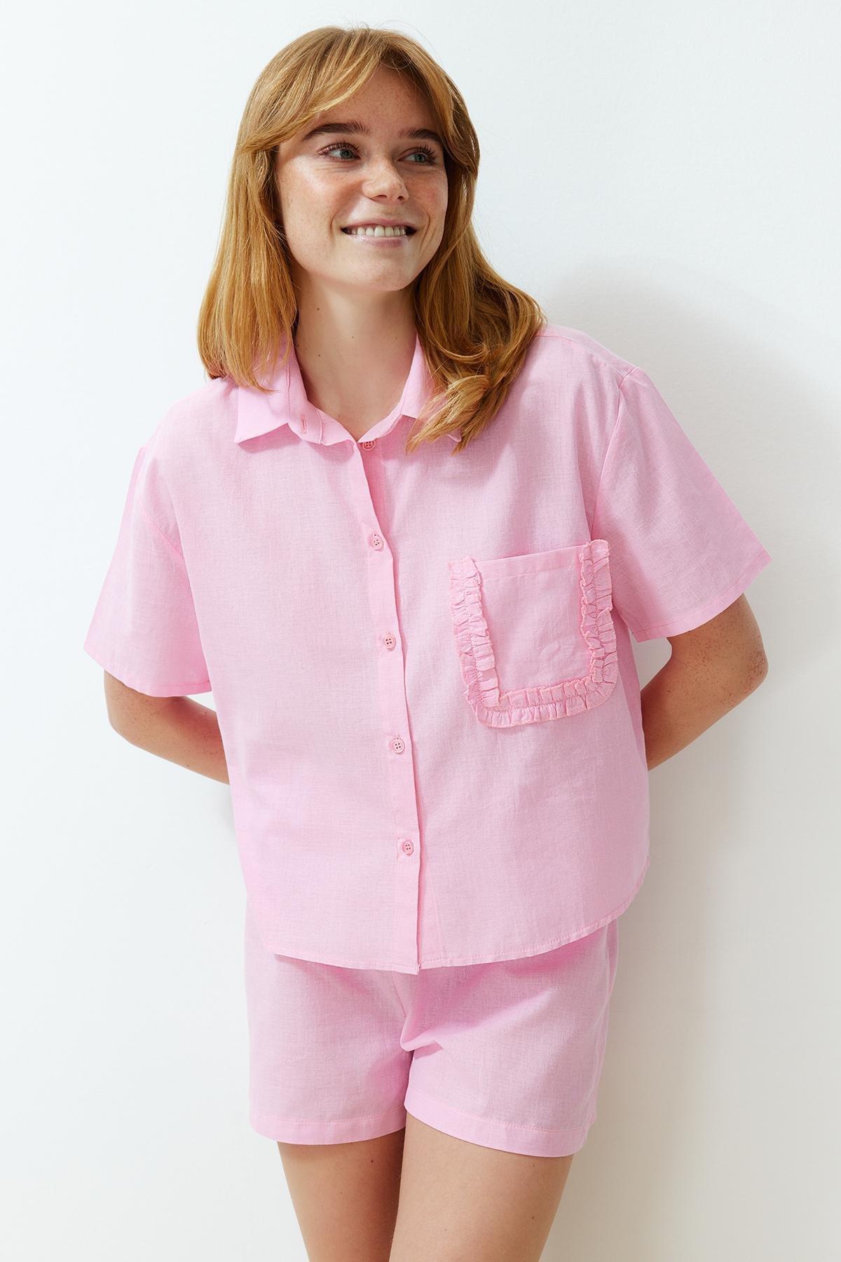 Pink 100% Cotton Pocket Ruffle Detailed Woven Pajama Set THMSS24PT00150, , large image number 1