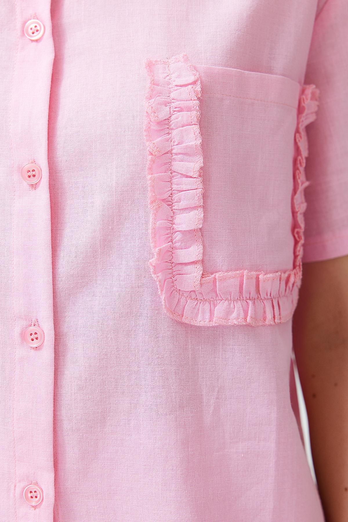 Pink 100% Cotton Pocket Ruffle Detailed Woven Pajama Set THMSS24PT00150, , large image number 2