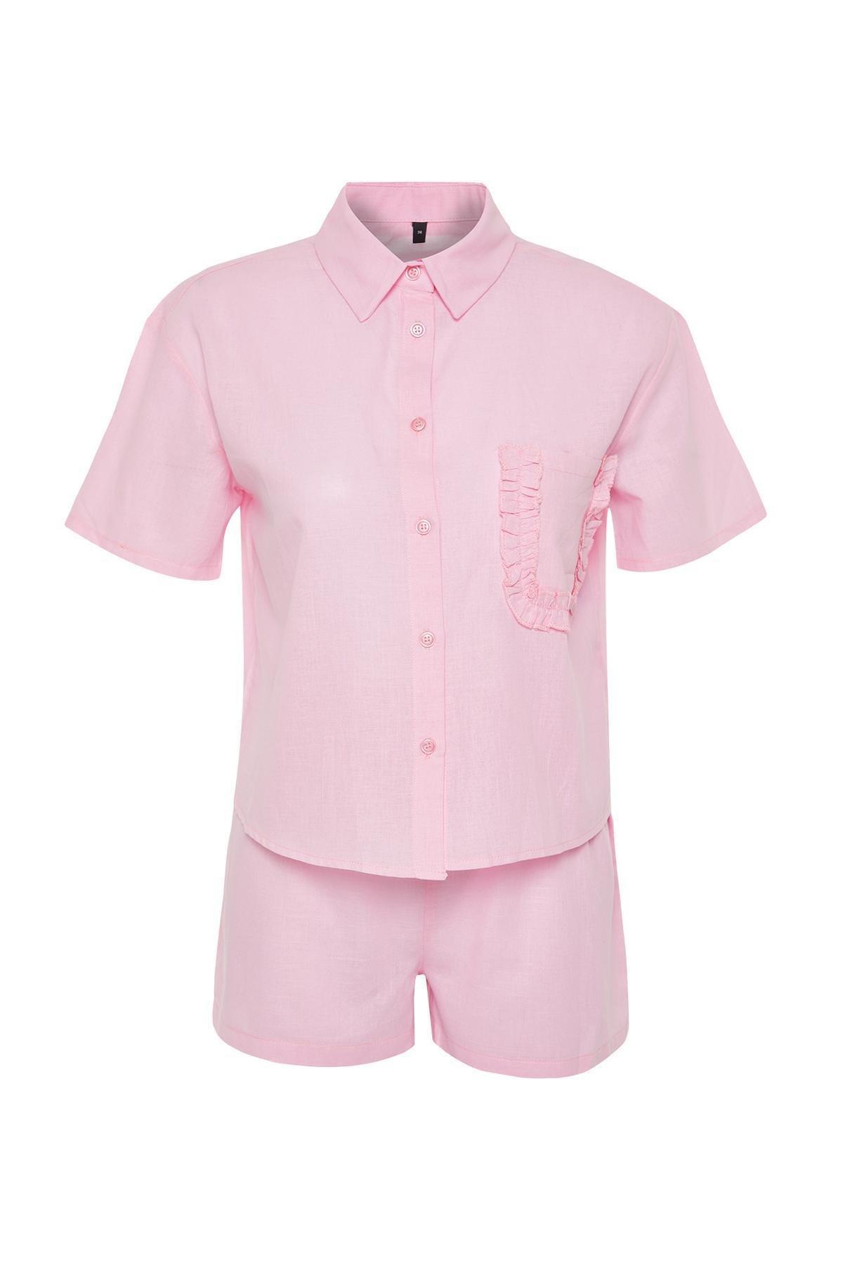 Pink 100% Cotton Pocket Ruffle Detailed Woven Pajama Set THMSS24PT00150, , large image number 4