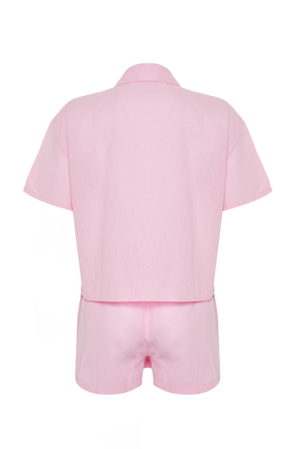 Pink 100% Cotton Pocket Ruffle Detailed Woven Pajama Set THMSS24PT00150, , large image number 5
