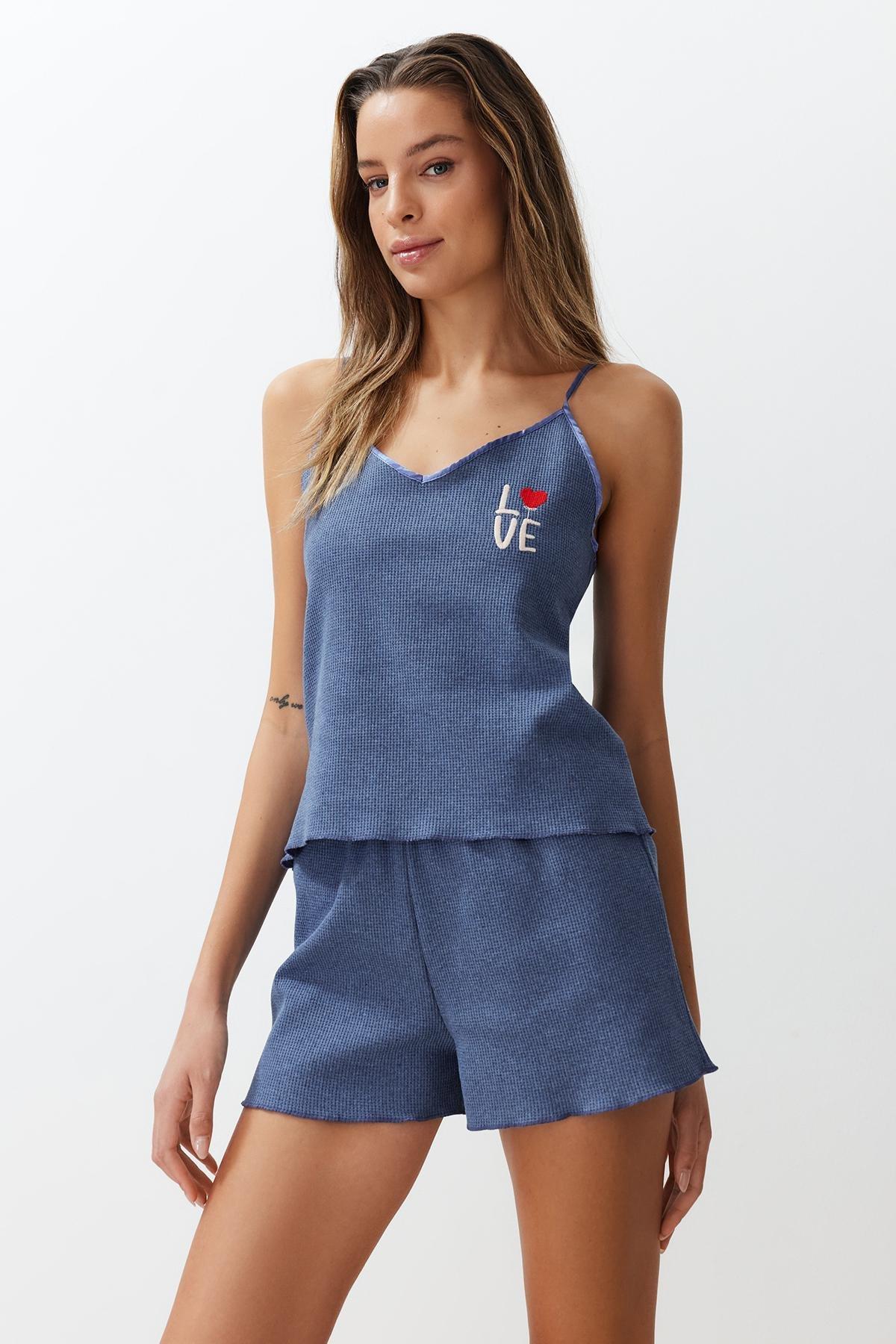 Blue Textured Embroidered Rope Strap Knitted Pajama Set THMSS24PT00155, , large image number 0