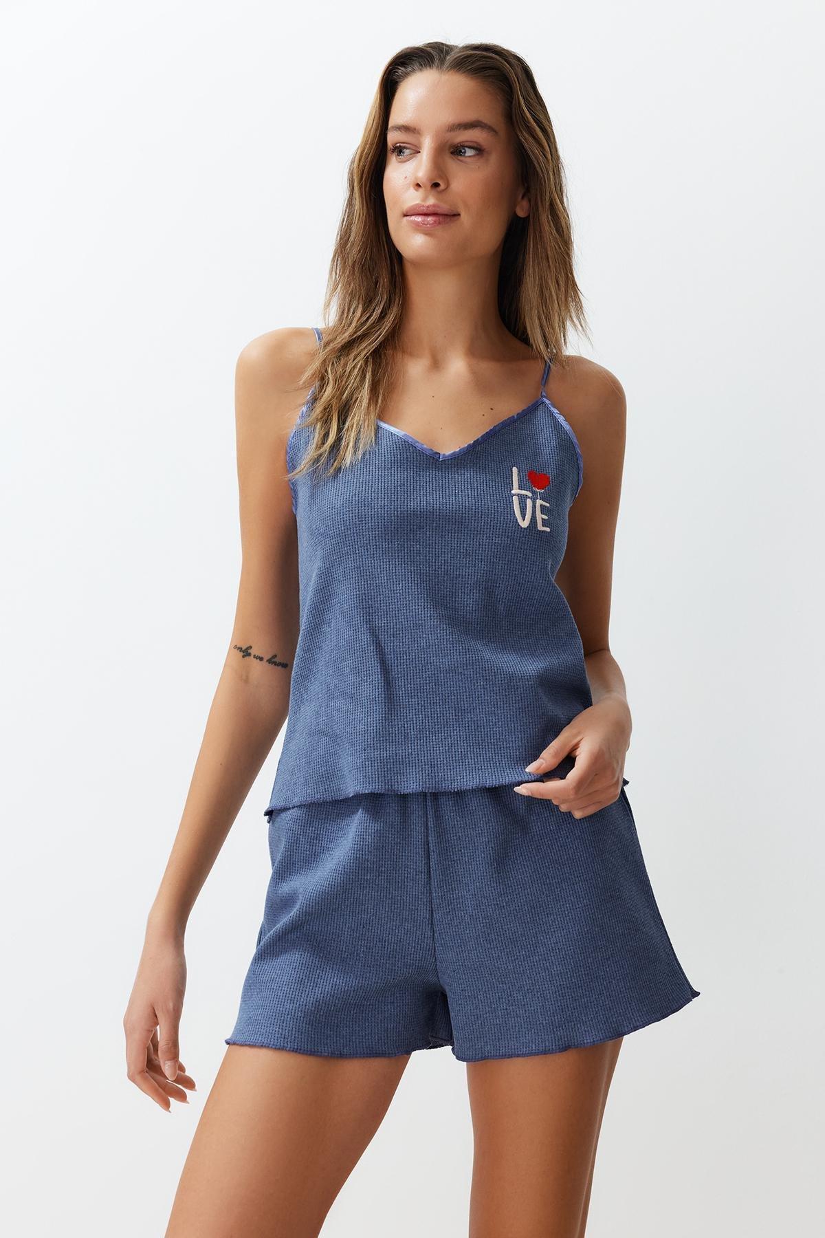 Blue Textured Embroidered Rope Strap Knitted Pajama Set THMSS24PT00155, , large image number 1