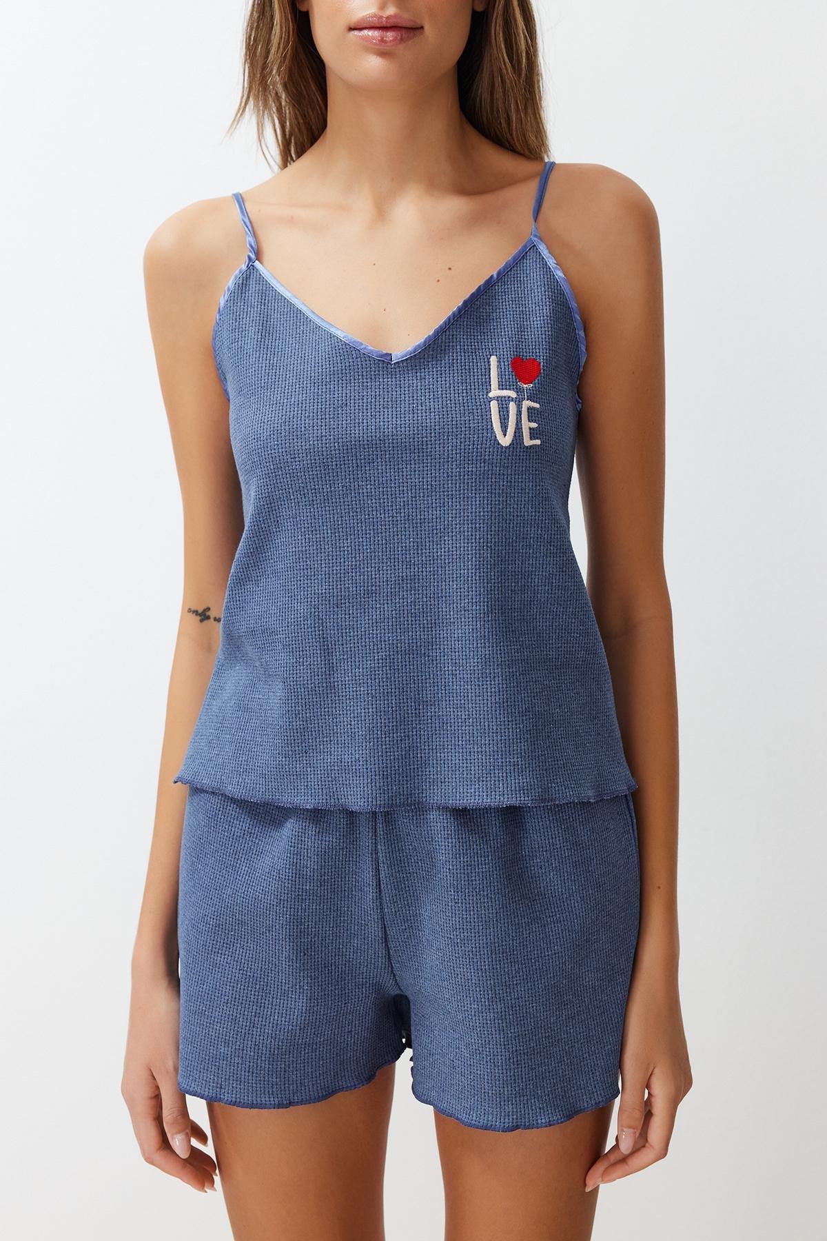 Blue Textured Embroidered Rope Strap Knitted Pajama Set THMSS24PT00155, , large image number 2