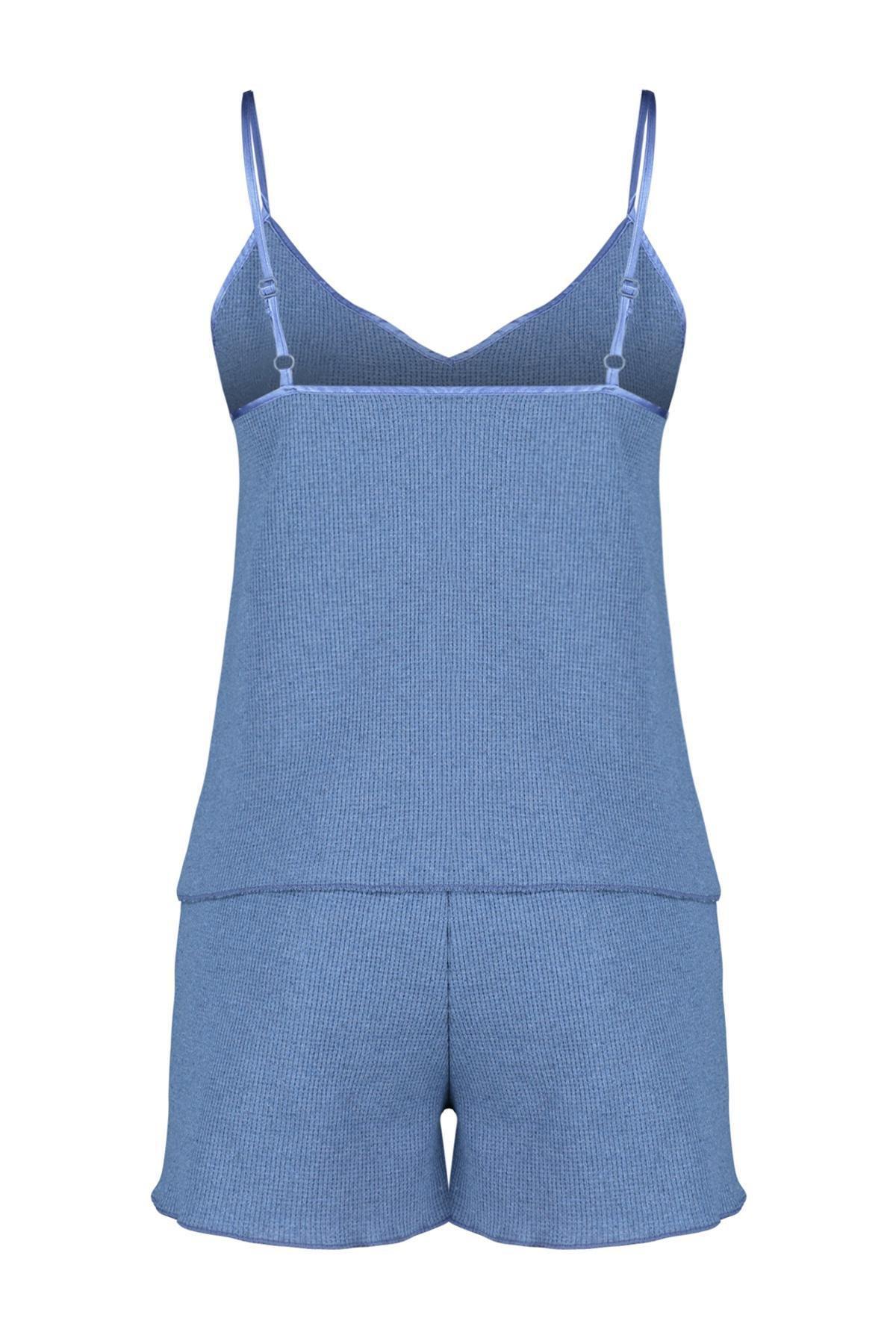 Blue Textured Embroidered Rope Strap Knitted Pajama Set THMSS24PT00155, , large image number 5