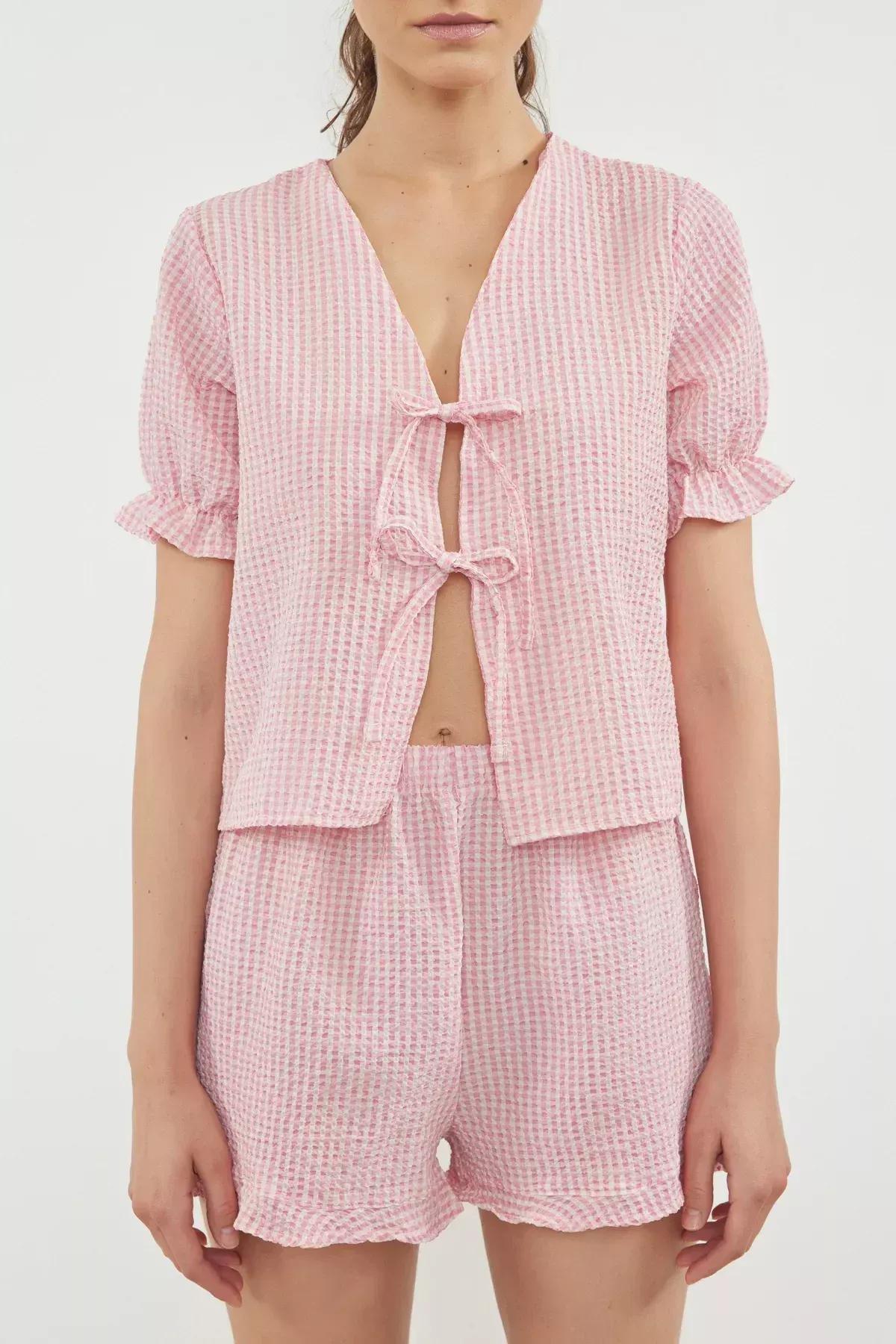 Pink Textured Tie Detailed Pajama Set, Pink, large image number 2