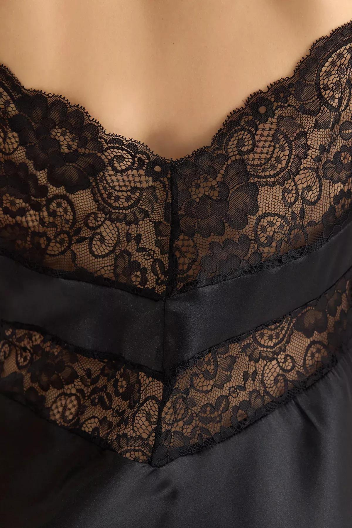 Black Lace Back Rope Satin Nightgown, BLACK, large image number 3