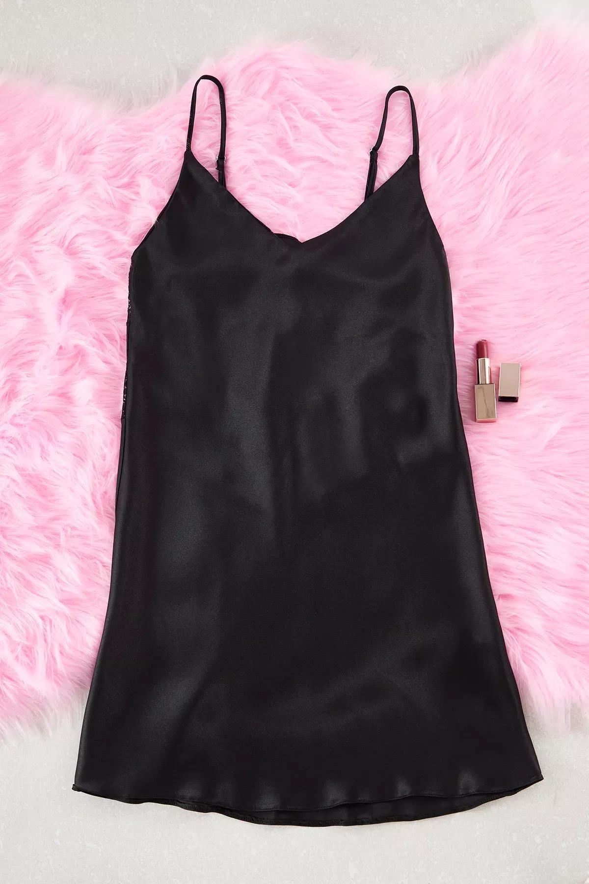 Black Lace Back Rope Satin Nightgown, BLACK, large image number 5