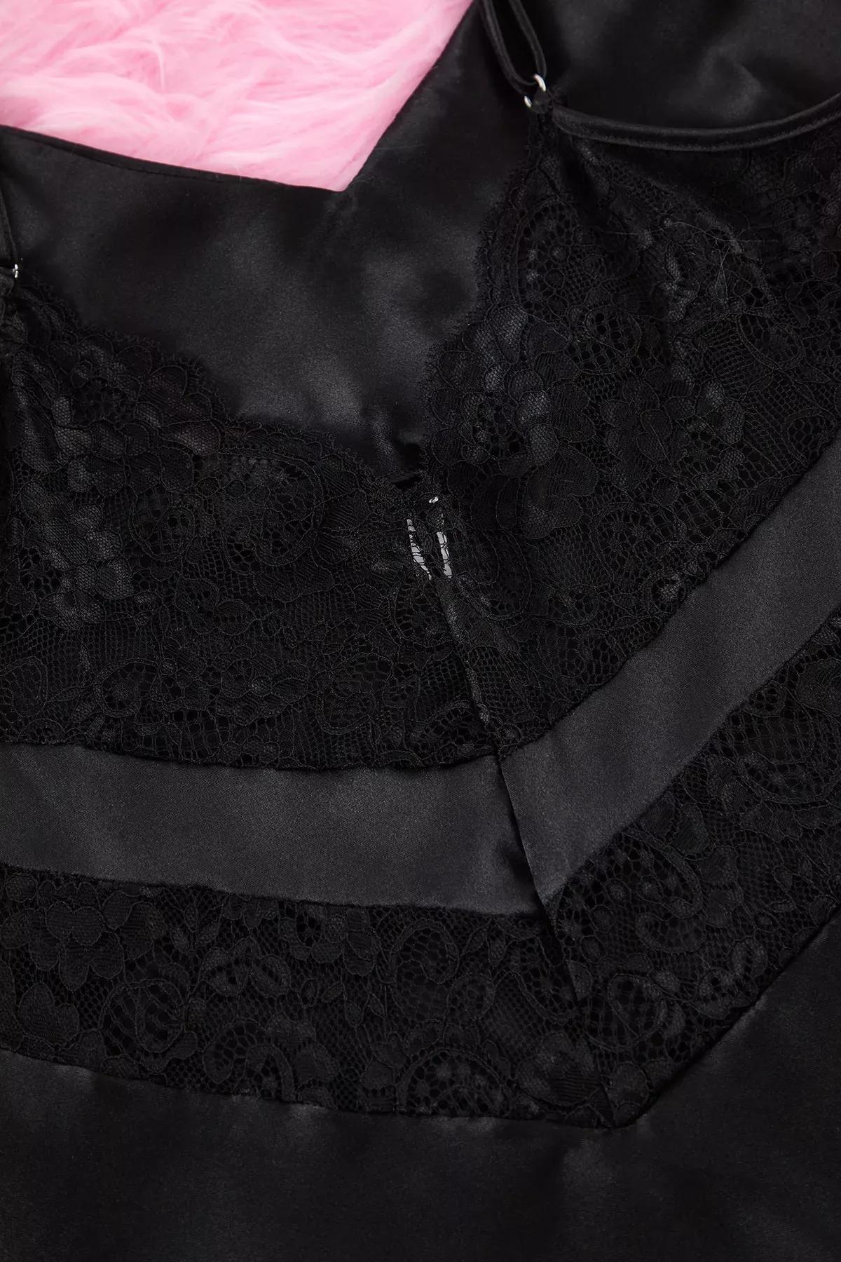 Black Lace Back Rope Satin Nightgown, BLACK, large image number 6