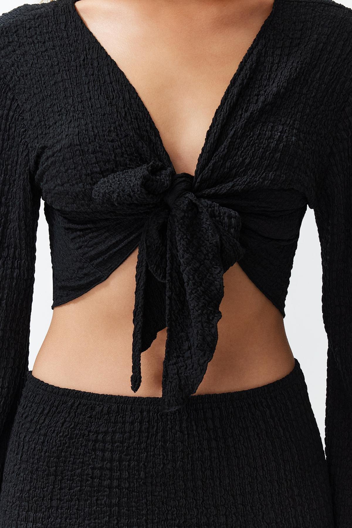 Black Woven Tie Blouse and Skirt Set TBESS24AU00035, , large image number 2
