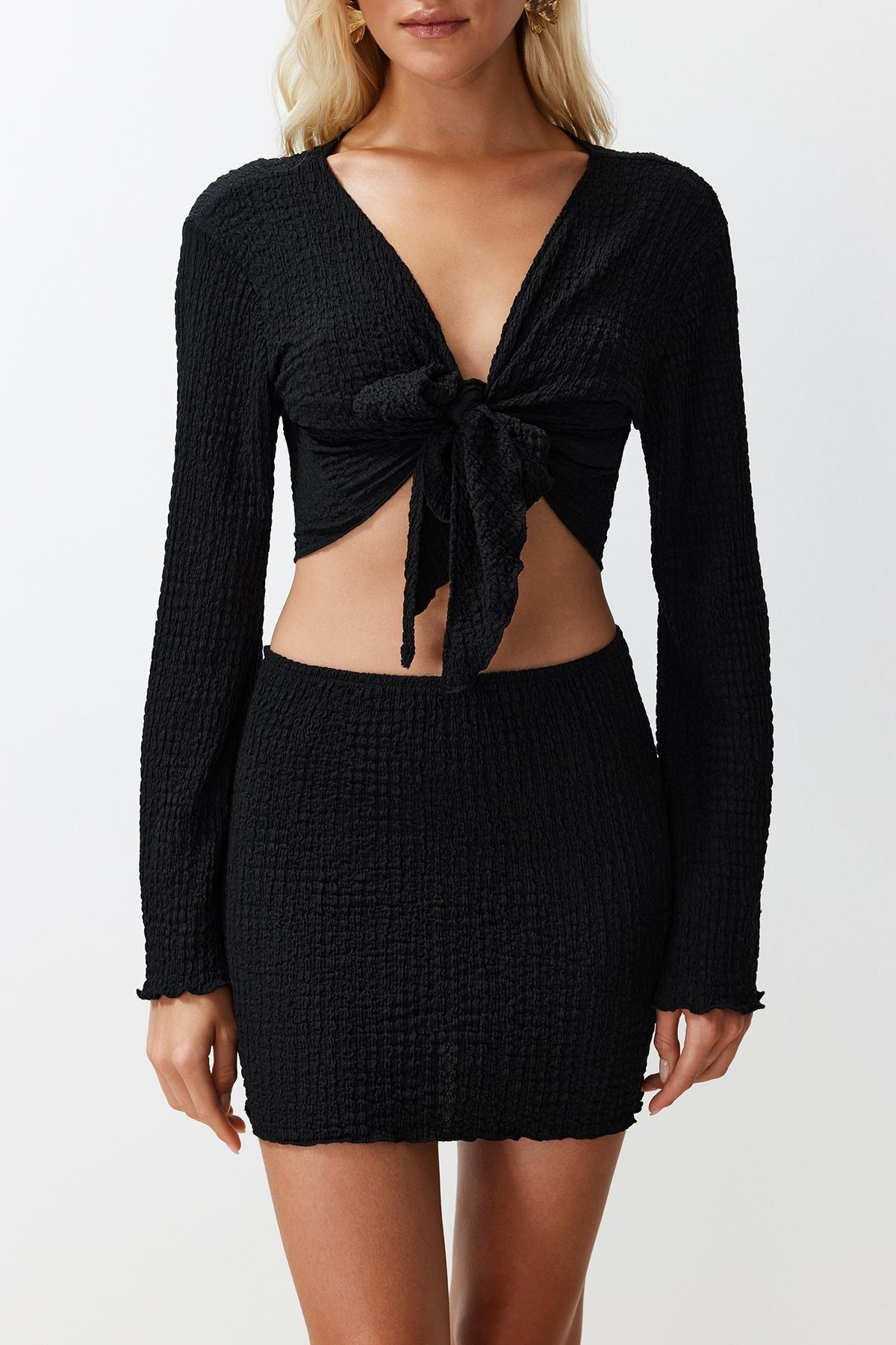 Black Woven Tie Blouse and Skirt Set TBESS24AU00035, , large image number 3