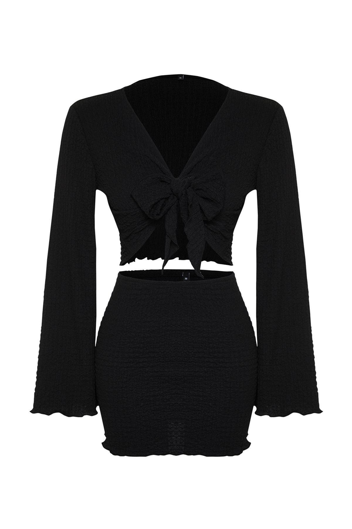 Black Woven Tie Blouse and Skirt Set TBESS24AU00035, , large image number 4