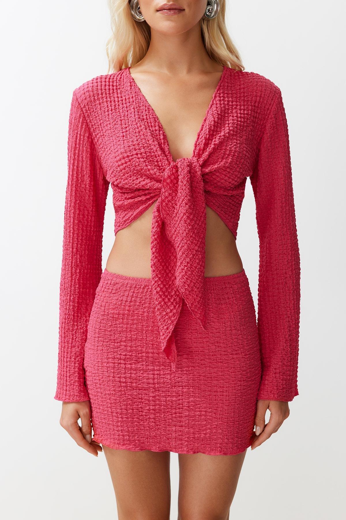 Fuchsia Woven Tie-Up Blouse Skirt Set TBESS24AU00035, , large image number 2
