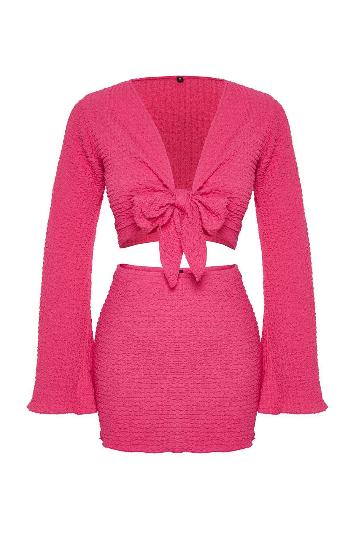 Fuchsia Woven Tie-Up Blouse Skirt Set TBESS24AU00035, , large image number 4