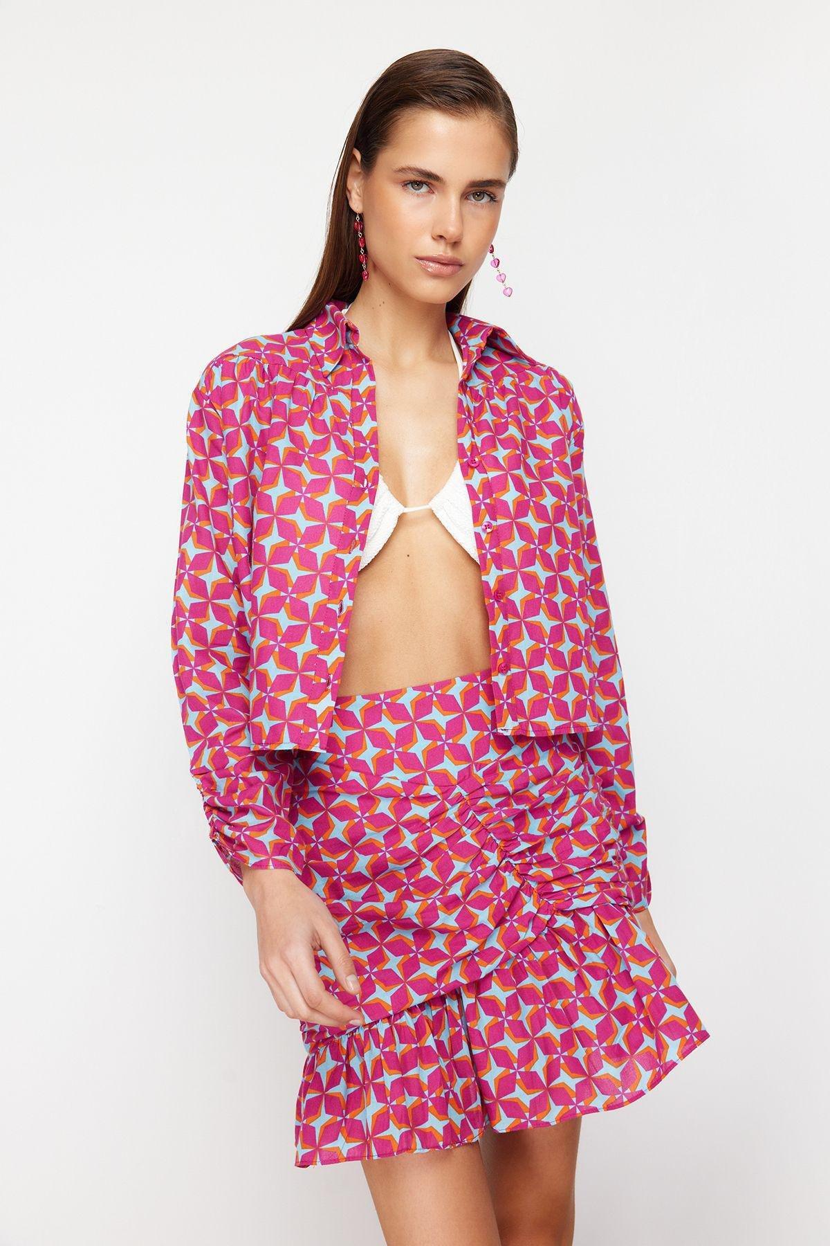 Geometric Pattern Woven Ruffled 100% Cotton Shirt Skirt Suit TBESS24AU00040, C101_5710, large image number 1