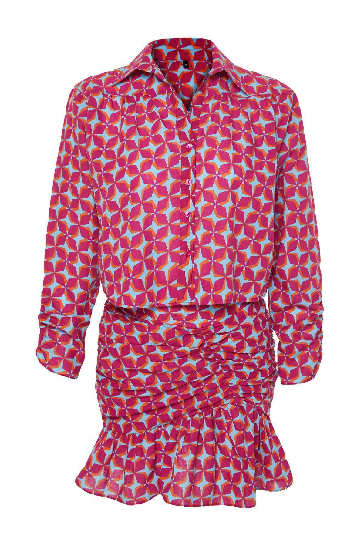 Geometric Pattern Woven Ruffled 100% Cotton Shirt Skirt Suit TBESS24AU00040, C101_5710, large image number 2