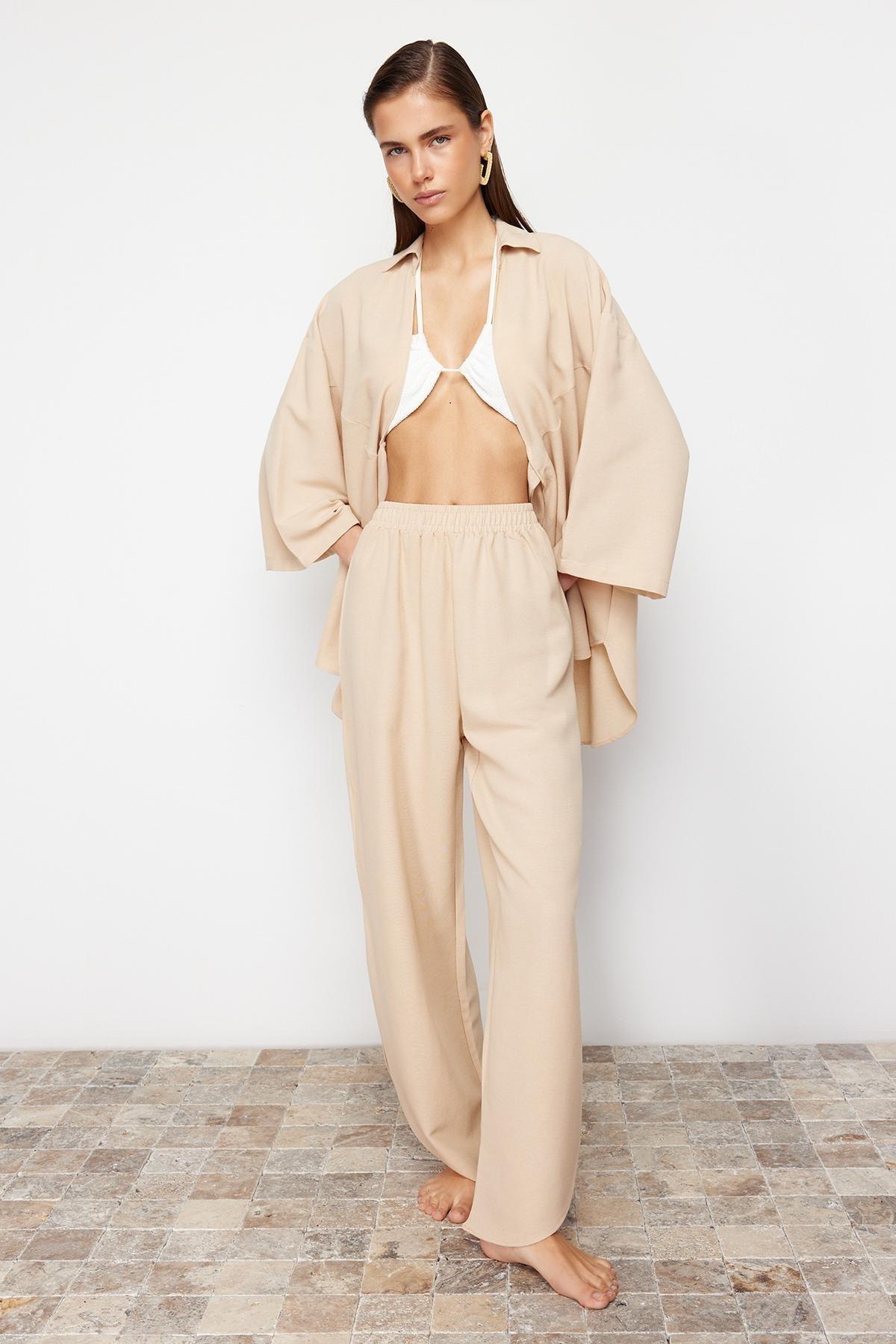 Beige Woven Tied Linen blended Shirt Pants Set TBESS24AU00031, , large image number 0