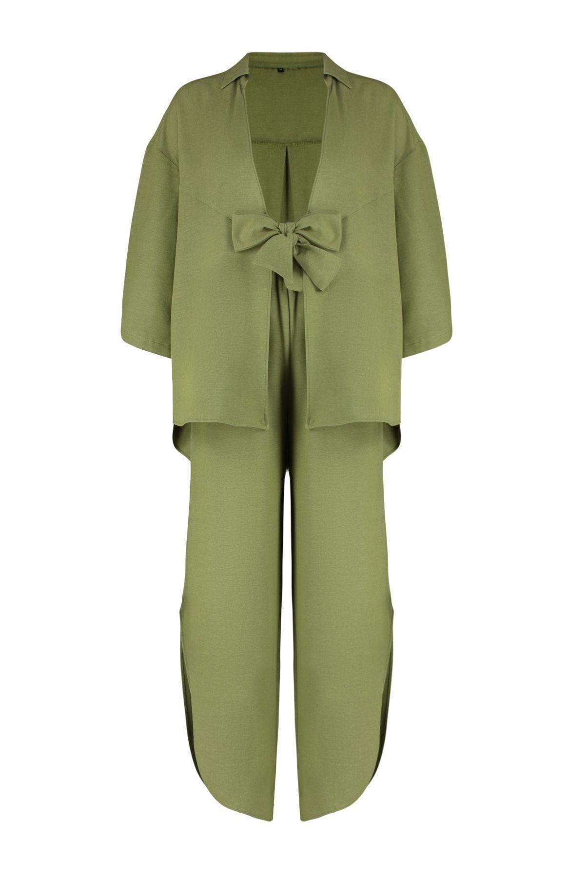 Khaki Linen Blended Co-Ord Set, , medium