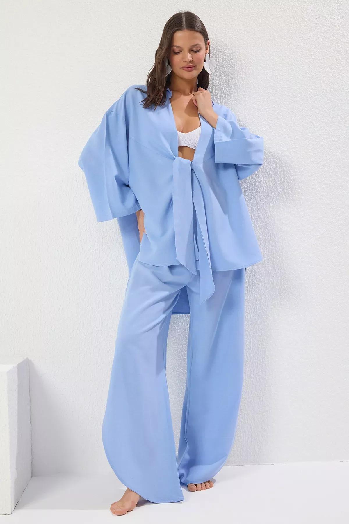 Blue Woven Tied Blend Co-Ord Set, , large image number 1