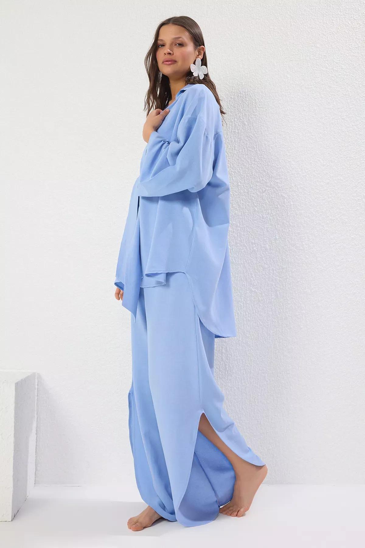 Blue Woven Tied Blend Co-Ord Set, , large image number 2