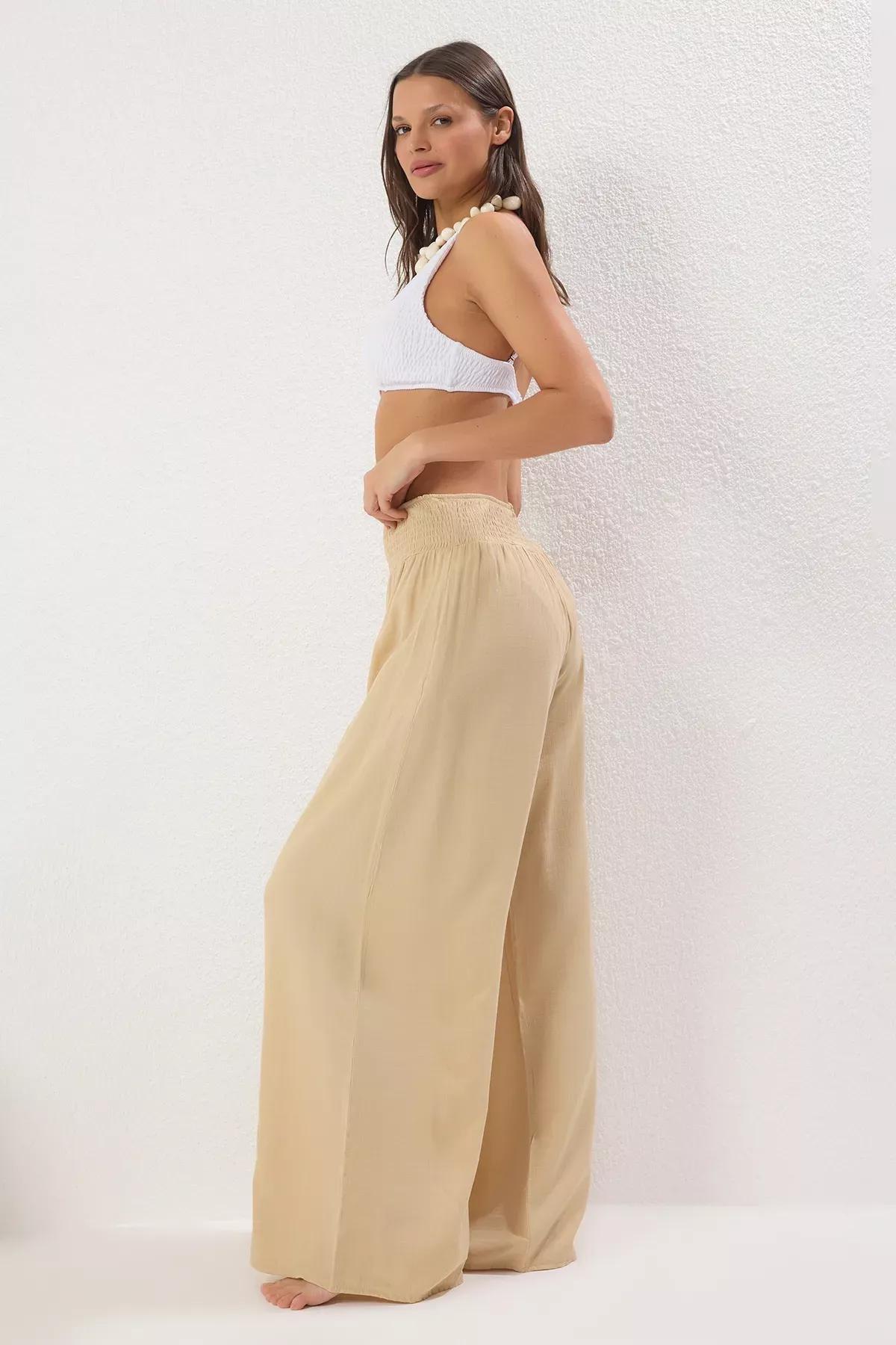 Beige Beach Woven Trousers, , large image number 1