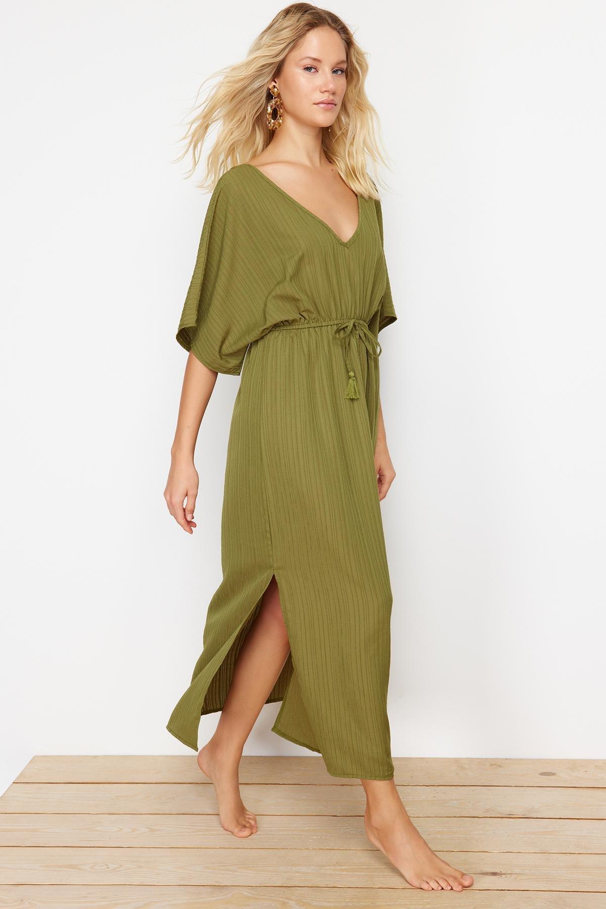 Khaki Maxi Woven Tie-Up Beach Dress TBESS24EL00084, C101_4009, large image number 0