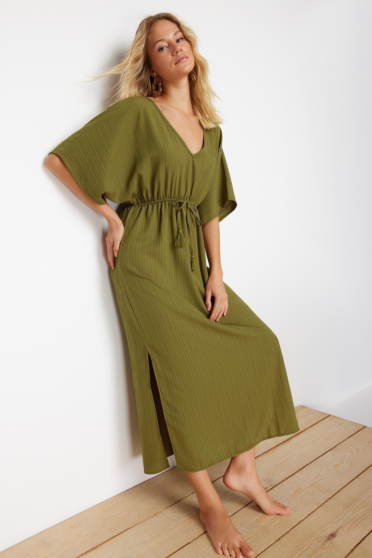 Khaki Maxi Woven Tie-Up Beach Dress TBESS24EL00084, C101_4009, large image number 1