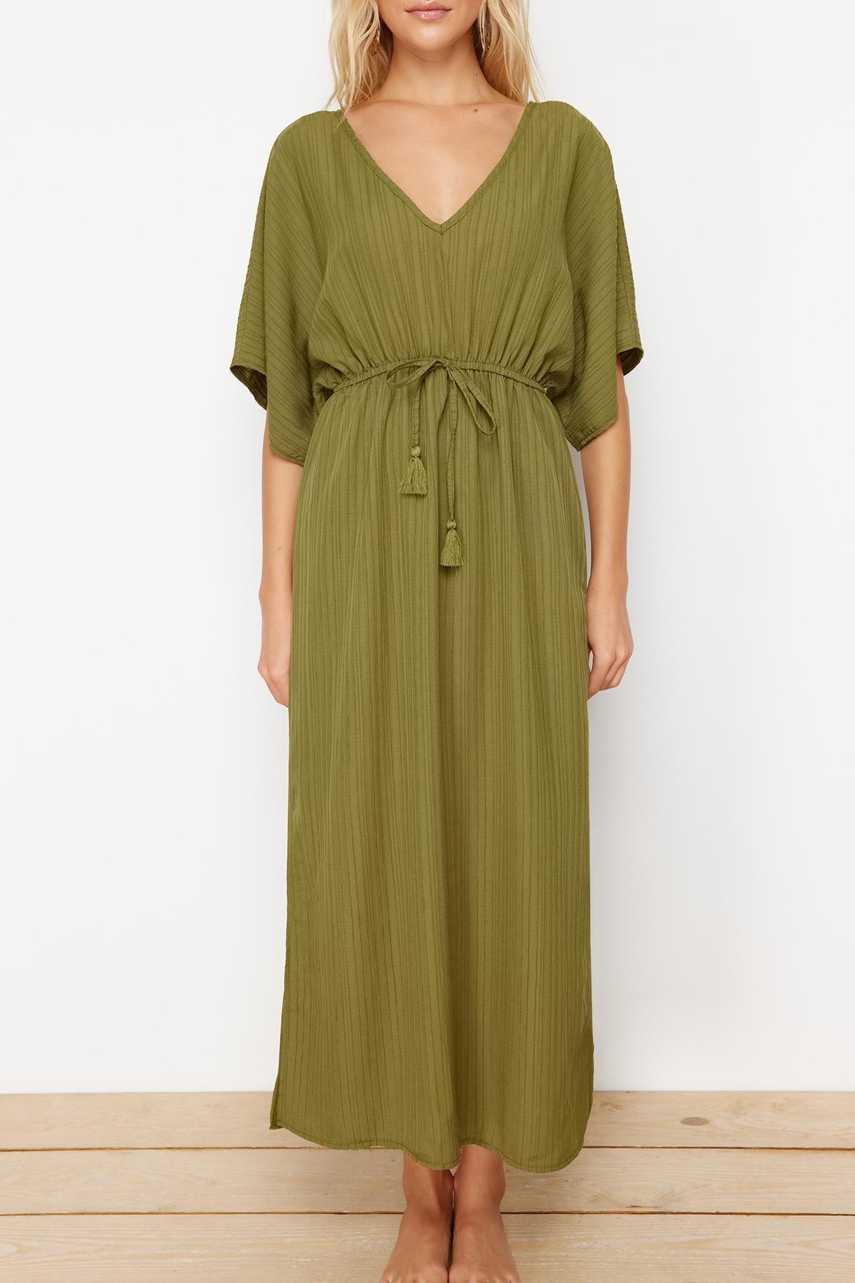 Khaki Maxi Woven Tie-Up Beach Dress TBESS24EL00084, C101_4009, large image number 2