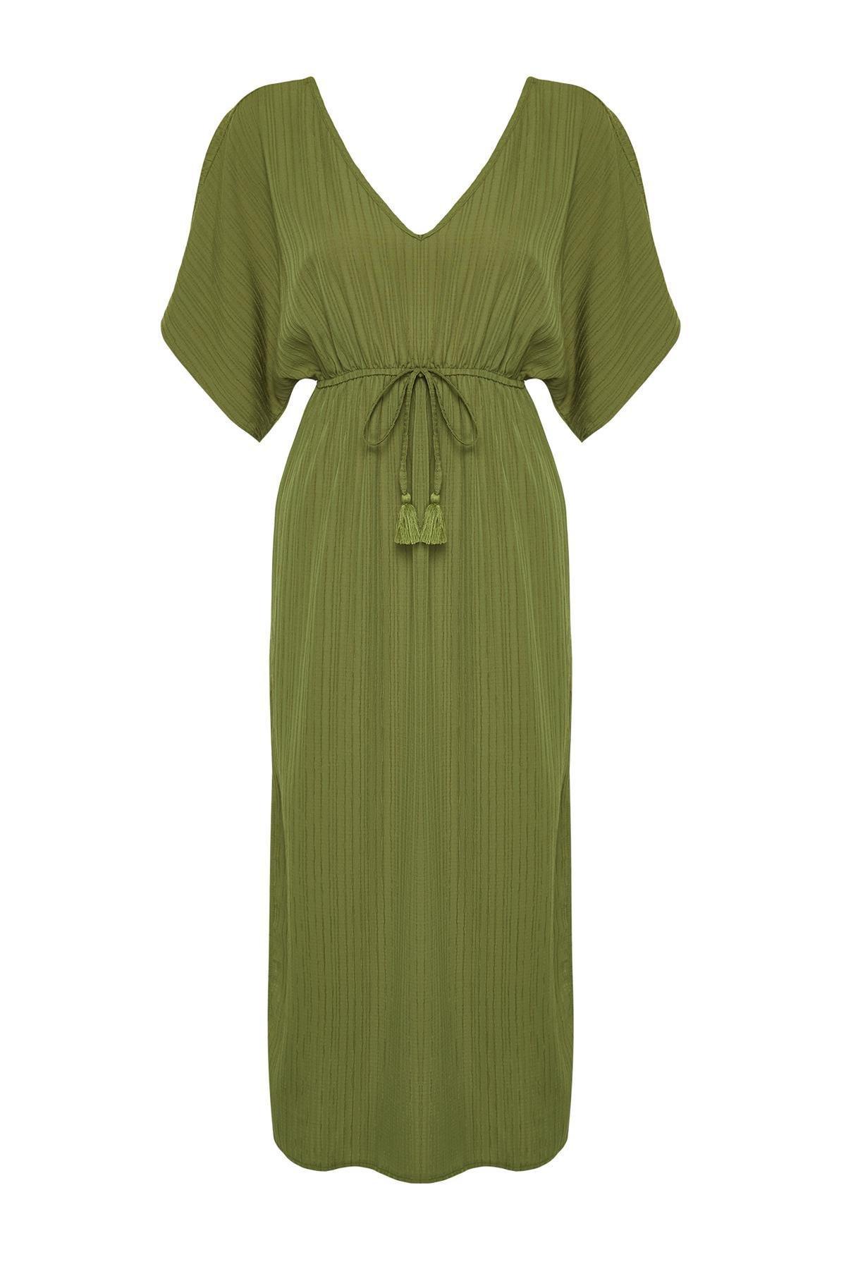 Khaki Maxi Woven Tie-Up Beach Dress TBESS24EL00084, C101_4009, large image number 4