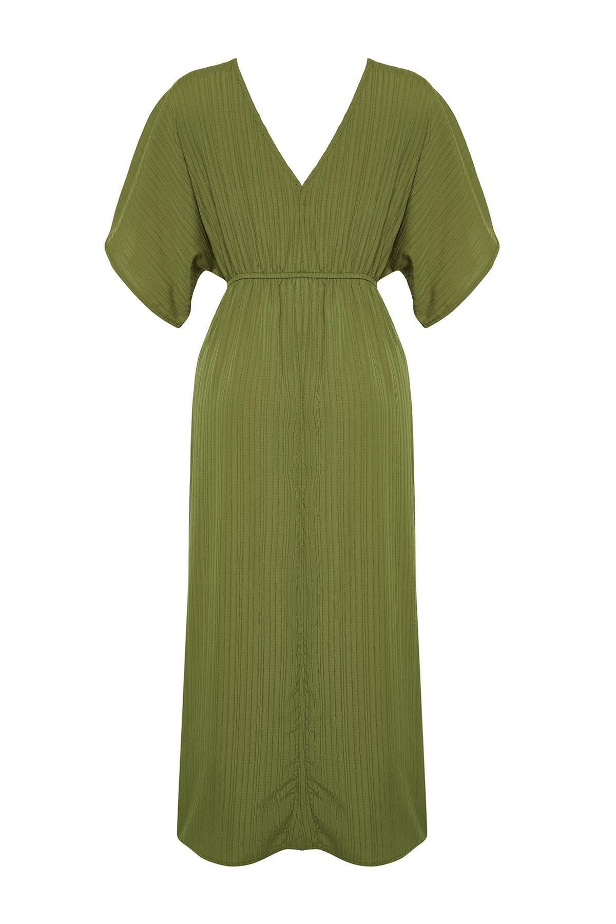 Khaki Maxi Woven Tie-Up Beach Dress TBESS24EL00084, C101_4009, large image number 6