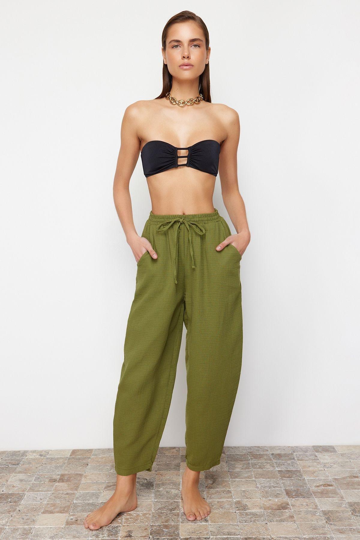 Khaki Woven Muslin 100% Cotton Trousers TBESS24PL00005, single, C101_4009, large image number 0