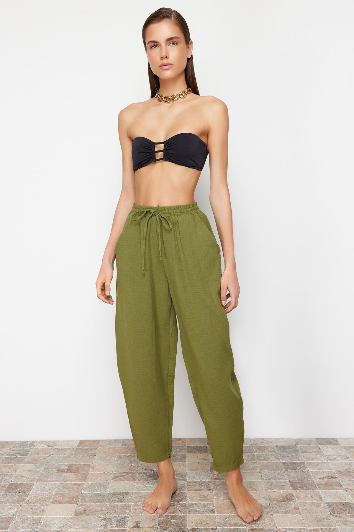 Khaki Woven Muslin 100% Cotton Trousers TBESS24PL00005, single, C101_4009, large image number 1