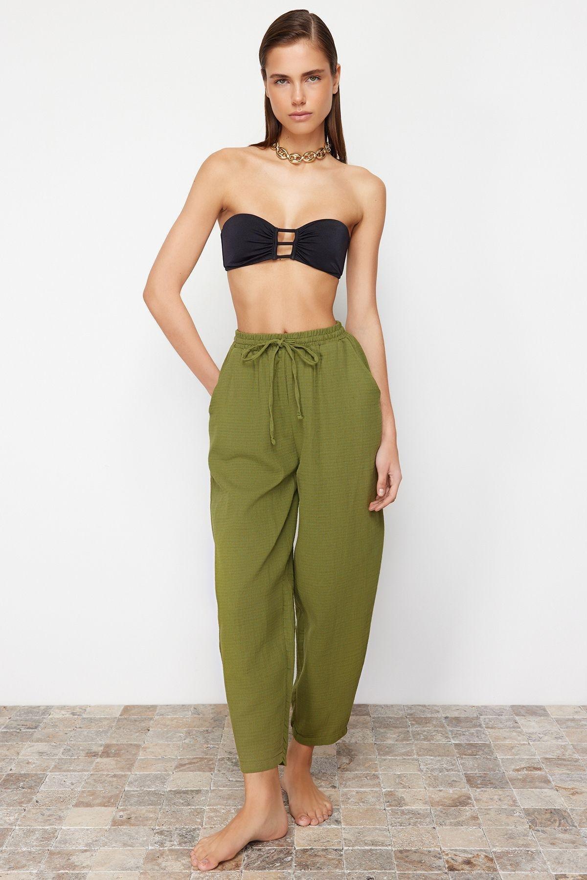 Khaki Woven Muslin 100% Cotton Trousers TBESS24PL00005, single, C101_4009, large image number 2