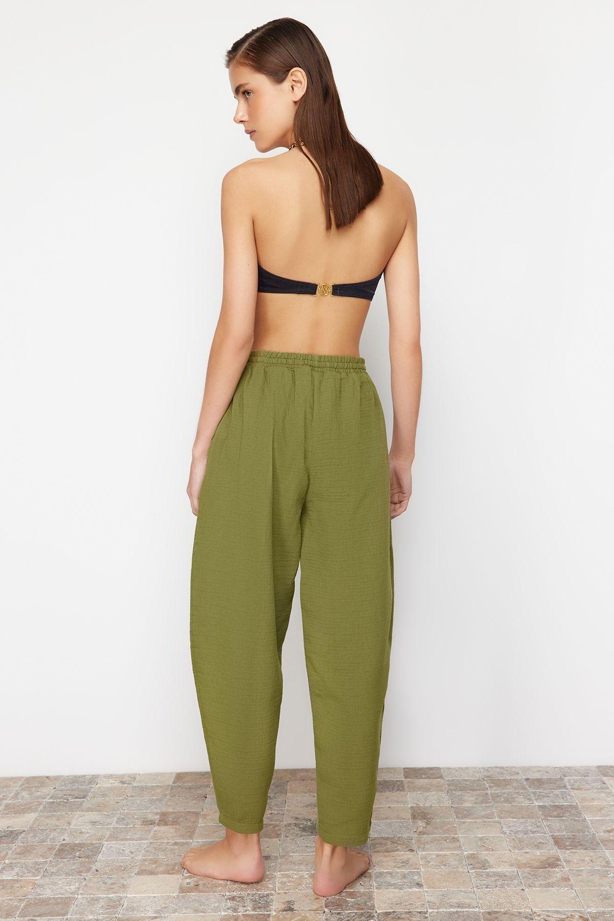 Khaki Woven Muslin 100% Cotton Trousers TBESS24PL00005, single, C101_4009, large image number 3