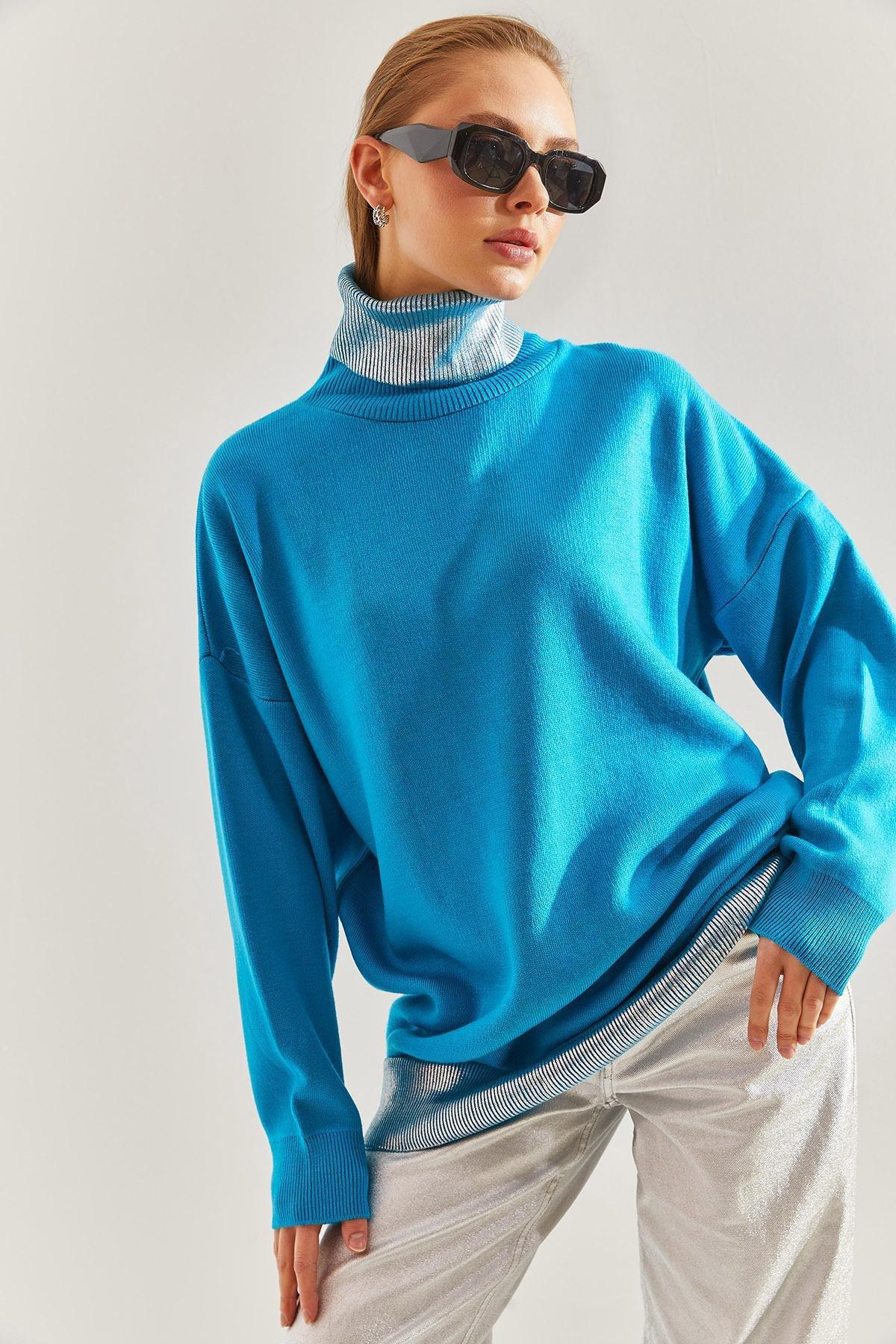 Blue Turtleneck Knitted Sweater, TURQUOISE, large image number 0