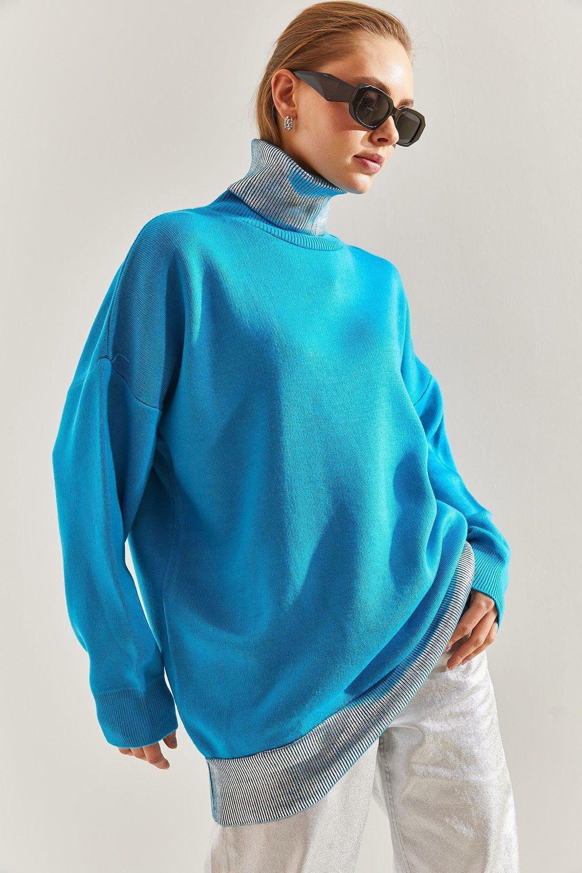 Blue Turtleneck Knitted Sweater, TURQUOISE, large image number 1