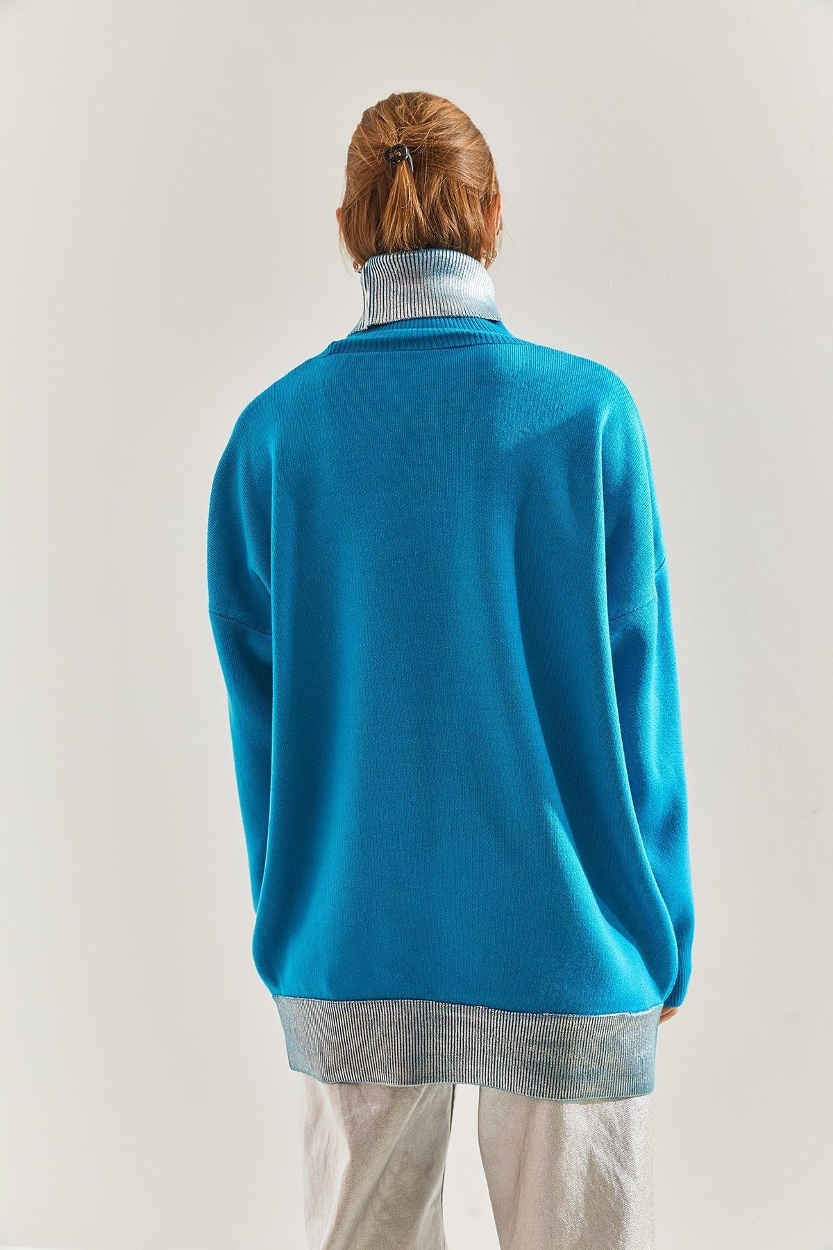 Blue Turtleneck Knitted Sweater, TURQUOISE, large image number 2