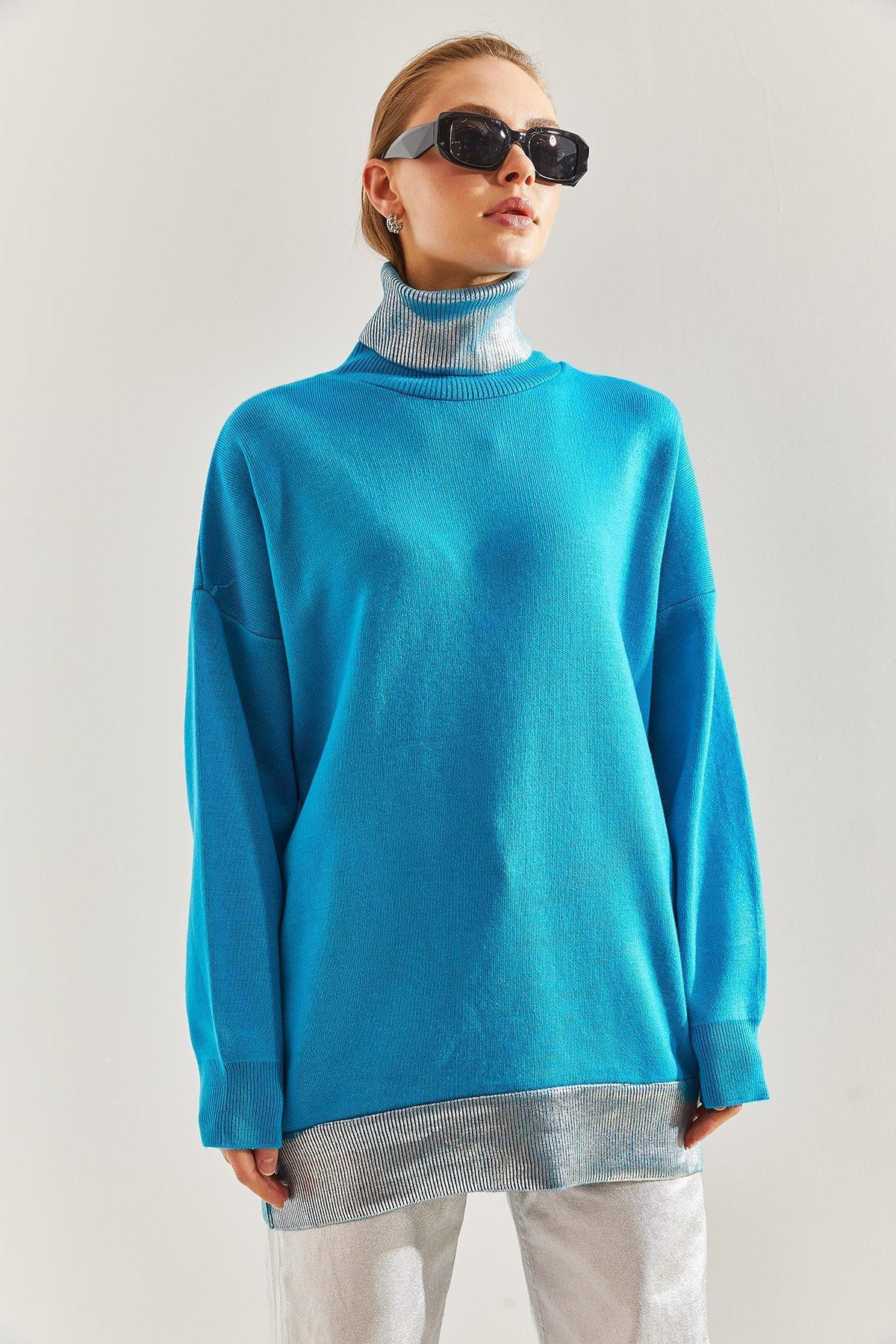 Blue Turtleneck Knitted Sweater, TURQUOISE, large image number 3