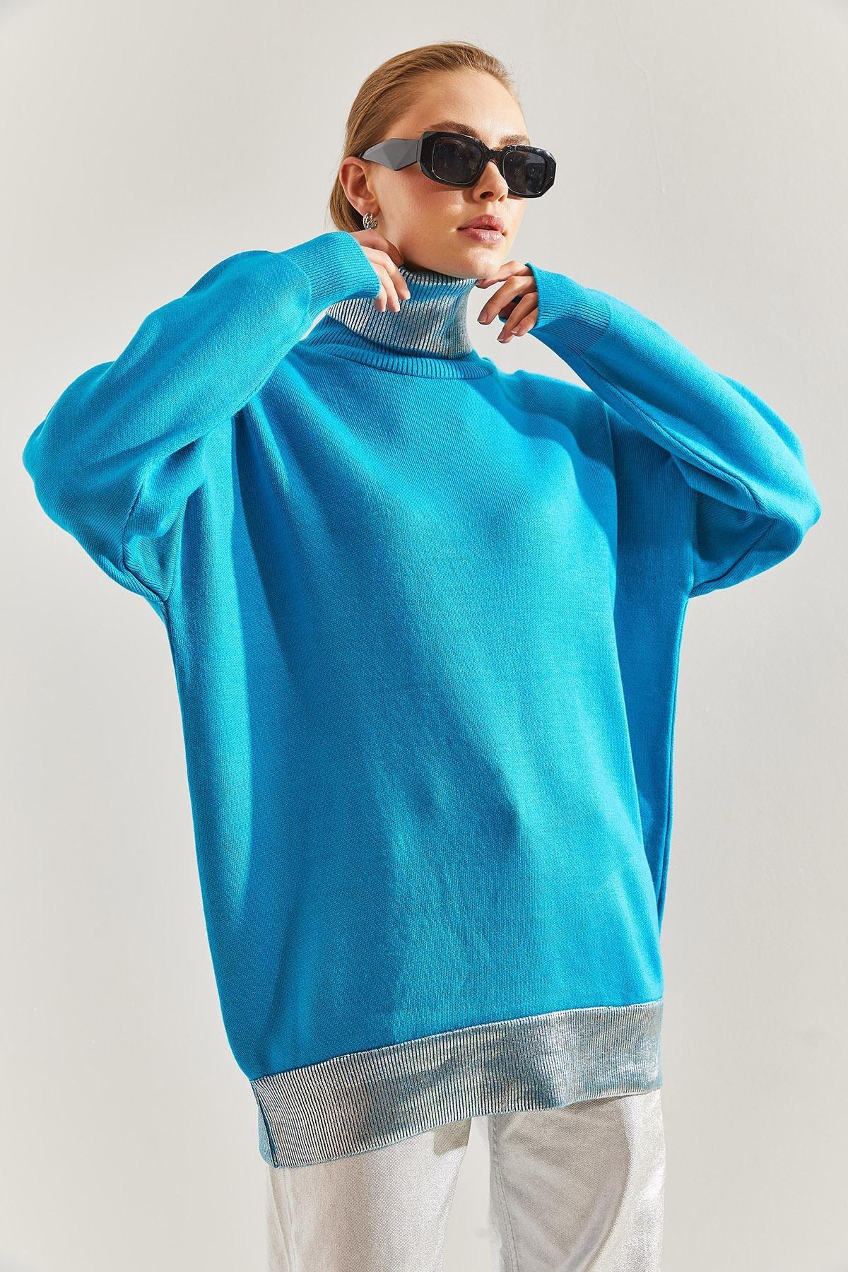 Blue Turtleneck Knitted Sweater, TURQUOISE, large image number 4