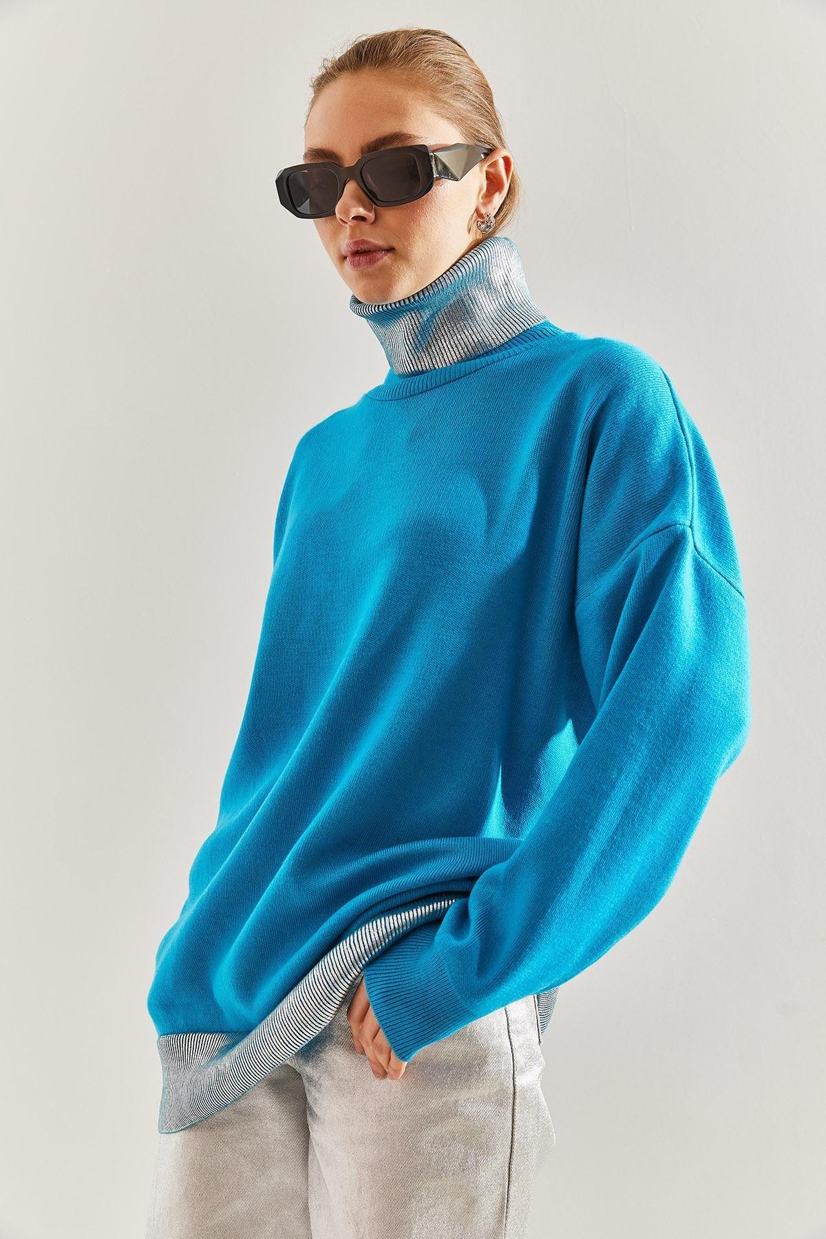 Blue Turtleneck Knitted Sweater, TURQUOISE, large image number 5