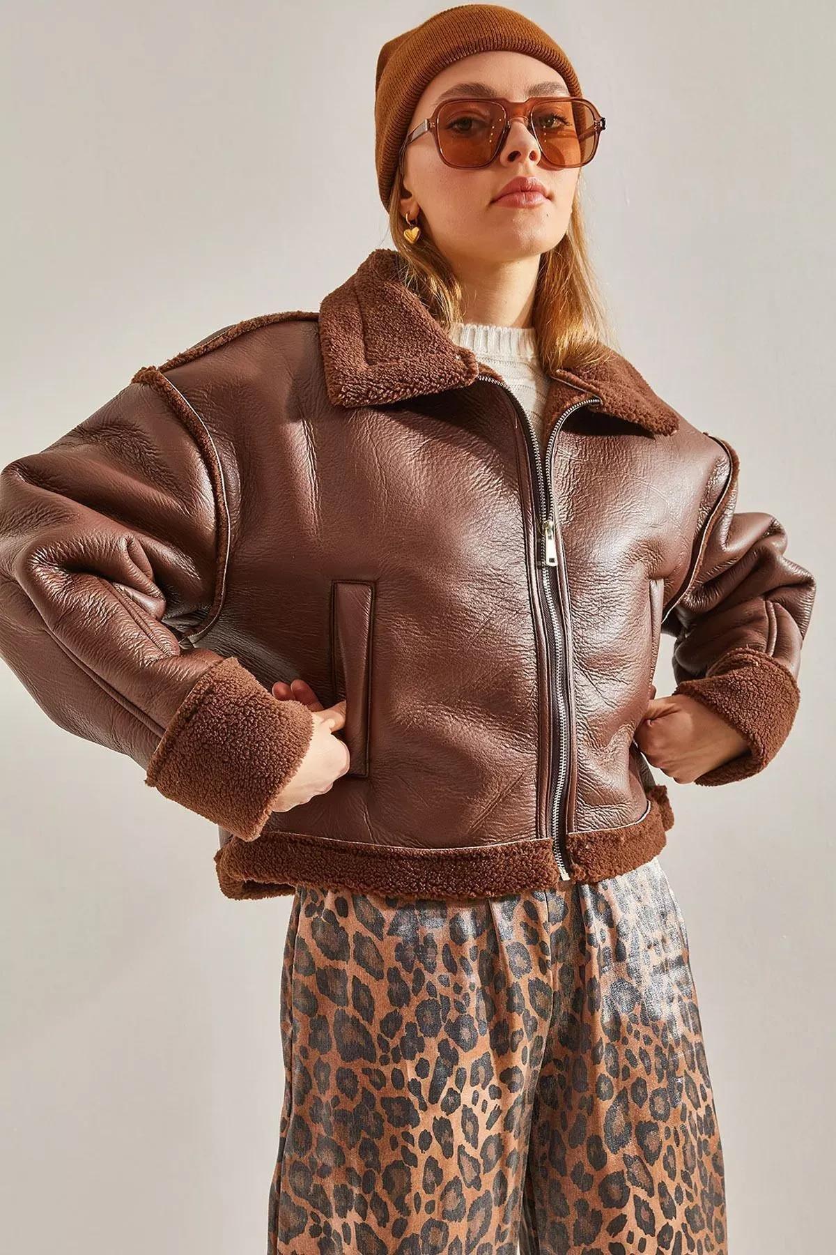 Sleeve Pleat Leather Coat, Brown, large image number 0